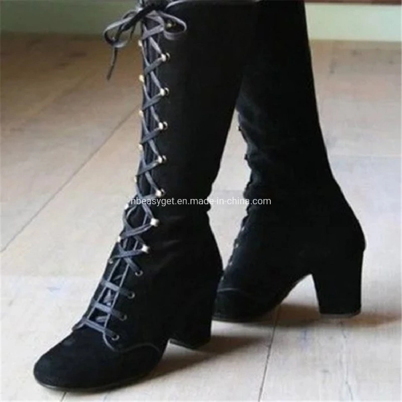 Womens Strappy Lace-up Knee High Combat Stacked Low Heel Zipper Stacked Heel Boots Esg13488