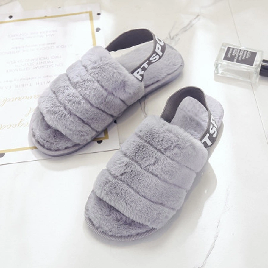 Womens Fur Slippers with Ankle Elastic Band Open Toe Winter Slides Home Slipper Plush Slip-on Fluffy Warm Indoor Slippers Comfortable Slides Esg14129