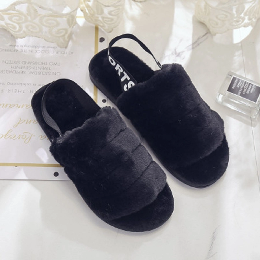 Womens Fur Slippers with Ankle Elastic Band Open Toe Winter Slides Home Slipper Plush Slip-on Fluffy Warm Indoor Slippers Comfortable Slides Esg14129