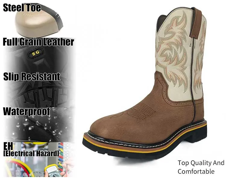 Customize Leather Shoes Square Toe Cowboy Safety Shoes Work Wellington Boots